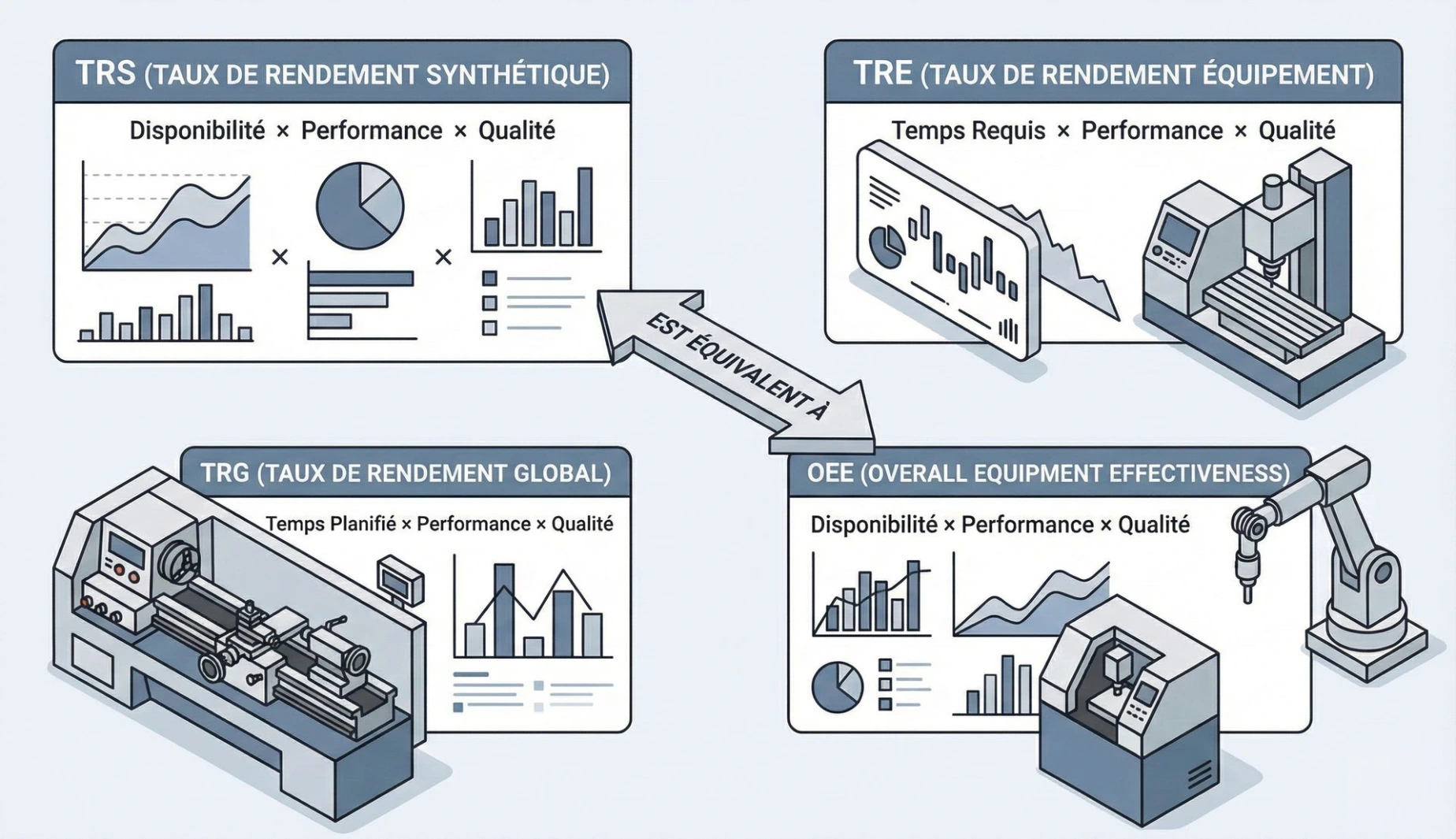 Schéma comparatif TRS, TRG, TRE et OEE : disponibilité, performance et qualité appliquées au calcul de l’efficacité machine.